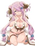  1girl :o bare_shoulders bikini blue_eyes breasts cleavage doraf earrings gluteal_fold granblue_fantasy hair_ornament hair_over_one_eye hairclip head_tilt horns jewelry large_breasts long_hair looking_at_viewer narumeia_(granblue_fantasy) navel pink_hair pointy_ears sandals side-tie_bikini sidelocks simple_background solo star star_earrings swimsuit thomasz very_long_hair white_background white_bikini 