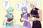  1boy 2girls apple aqua_hair archer blue_eyes blue_hair braid caster dark_skin dark_skinned_male dress fate/grand_order fate/stay_night fate_(series) food fruit heart horns japanese_clothes kimono kiyohime_(fate/grand_order) knife long_hair multiple_girls ooga open_mouth peeling pointy_ears purple_dress shirt short_hair side_braid sleeveless sleeveless_shirt smile sweatdrop translation_request white_hair yellow_eyes 