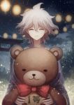  1boy angel31424 closed_eyes dangan_ronpa festival holding japanese_clothes komaeda_nagito male_focus smile solo stuffed_animal stuffed_toy super_dangan_ronpa_2 teddy_bear white_hair 