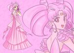  1girl bishoujo_senshi_sailor_moon bow chibi_usa crescent double_bun dress earrings facial_mark flower forehead_mark full_body hair_ornament hairpin jewelry lisginka looking_at_viewer looking_back pink pink_background pink_bow pink_dress pink_hair pink_rose projected_inset red_eyes rose short_hair signature small_lady_serenity smile solo twintails zoom_layer 
