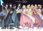  1997 2016 5boys 5girls 90s anniversary black_hair black_pants blonde_hair blue_bow blue_eyes boots bow brown_shoes cape circlet copyright_name dress filia_ul_copt frills full_body gloves hat highres long_hair lyxu multiple_boys multiple_girls multiple_persona one_eye_closed pants pink_dress shoes slayers slayers_try spiked_mace staff standing white_boots white_gloves white_hat xelloss 