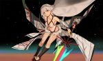  1girl altera_(fate) bare_shoulders black_legwear breasts cleavage dark_skin fate/grand_order fate_(series) full_body_tattoo hei_tong_shi highres holding holding_sword holding_weapon kneehighs looking_at_viewer red_eyes solo sword tattoo veil weapon white_hair 