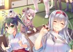  amatsukaze_(kantai_collection) black_legwear breasts cleavage clipboard closed_eyes eraser green_eyes green_hair hairband hat headband highres holding holding_knife japanese_clothes kantai_collection knife long_hair mini_hat multiple_girls no_shoes out_of_frame pencil school_uniform serafuku shoukaku_(kantai_collection) silver_hair single_glove tahya tatami tearing_up tears thigh-highs trembling twintails white_legwear yellow_eyes zuikaku_(kantai_collection) 
