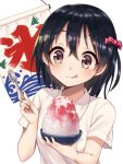  1girl :q black_hair bow brown_eyes closed_mouth hair_bow holding holding_spoon original pink_bow shaved_ice shirt short_sleeves smile solo tongue tongue_out upper_body warabimochi_kinako white_background white_shirt 