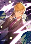  1boy artist_name blonde_hair cellphone cowboy_shot electricity formal kanapy looking_to_the_side male_focus mob_psycho_100 necktie phone reigen_arataka solo suit sweatdrop twitter_username 