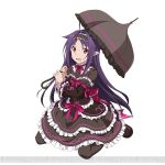  1girl black_legwear dress frilled_dress frills holding holding_umbrella kneeling long_hair open_mouth pointy_ears purple_hair red_eyes simple_background solo sword_art_online sword_art_online:_code_register thigh-highs umbrella watermark white_background yuuki_(sao) 