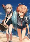  2girls ahoge beach blonde_hair blue_eyes brown_hair clouds commentary_request day feeding hair_between_eyes hair_ornament i-58_(kantai_collection) innertube kantai_collection kashii_(amoranorem) long_hair multiple_girls open_mouth outdoors popsicle red_eyes ro-500_(kantai_collection) sand sandals school_swimsuit school_uniform serafuku shaved_ice short_hair sky swimsuit torpedo u-511_(kantai_collection) water 