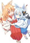  2girls animal_ears bell blue_eyes blue_hair blush blush_stickers bow fang fox_ears fox_tail hair_bell hair_bow hair_ornament hakama hand_on_another&#039;s_head hug japanese_clothes light_brown_hair long_hair looking_at_another looking_at_viewer miko multiple_girls orange_eyes original senhappyaku simple_background smile tail waist_hug white_background zouri 