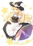  1girl :d apron black_hole_(space) blonde_hair bow braid frills hat hat_bow highres ji_dao_ji kirisame_marisa long_hair looking_at_viewer open_mouth side_braid single_braid smile solo star star-shaped_pupils starry_sky_print symbol-shaped_pupils touhou waist_apron wind wind_lift witch_hat yellow_eyes 