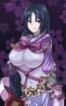  1girl :q absurdres artist_name blue_hair bodysuit breasts covered_navel dated erect_nipples fate/grand_order fate_(series) floral_background highres large_breasts licking_lips long_hair looking_at_viewer makise_medaka minamoto_no_yorimitsu_(fate/grand_order) purple_background solo tied_hair tongue tongue_out very_long_hair violet_eyes 
