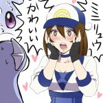  10s 1girl aonekonotorso baseball_cap blush brown_eyes brown_hair choker dratini face_in_hands female_protagonist_(pokemon_go) gasp gloves hair_between_eyes hands_on_own_face hat heart heart-shaped_pupils open_mouth pokemon pokemon_go sweatdrop symbol-shaped_pupils 