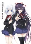  2girls :d black_legwear blazer blue_eyes blue_skirt date_a_live eyebrows eyebrows_visible_through_hair hair_ornament hair_ribbon hairclip hand_on_hip highres jacket long_hair looking_at_viewer multiple_girls official_art open_mouth pleated_skirt purple_hair red_ribbon ribbon school_uniform simple_background skirt smile thigh-highs tobiichi_origami translation_request tsunako very_long_hair violet_eyes white_background white_hair yatogami_tooka zettai_ryouiki 