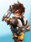  1girl baram_(manchang1994) blue_background bodysuit bomber_jacket brown_eyes brown_hair cowboy_shot from_behind gloves goggles gradient gradient_background harness highres jacket looking_at_viewer looking_back overwatch parted_lips short_hair smile solo spiky_hair tracer_(overwatch) white_background 