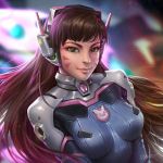  1girl artist_name backlighting blurry bodysuit breasts brown_hair close-up closed_mouth d.va_(overwatch) dcwj depth_of_field face facepaint green_eyes headgear long_hair mecha medium_breasts overwatch pink_lips portrait realistic signature skin_tight smile solo upper_body 