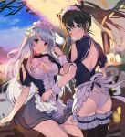  2girls alternate_costume apron ass backless_outfit black_hair blush breasts cleavage closed_eyes commentary_request enmaided from_behind green_eyes kantai_collection long_hair looking_at_viewer looking_back maid maid_apron maid_headdress medium_breasts multiple_girls shoukaku_(kantai_collection) silver_hair tousaki_umiko twintails wrist_cuffs zuikaku_(kantai_collection) 