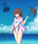  1girl brown_eyes brown_hair character_request clouds competition_swimsuit fish gomi_(gomitin) hood hooded_jacket hoodie jacket jewelry long_hair one-piece_swimsuit pendant polearm ponytail smile spear standing swimsuit touhou weapon 