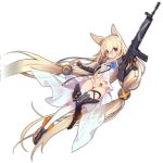  1girl absurdly_long_hair animal_ears assault_rifle barcode black_legwear blonde_hair blue_eyes cat_ears flower full_body g41_(girls_frontline) girls_frontline gloves gun heterochromia holding holding_weapon long_hair low-tied_long_hair mismatched_legwear ntrsis official_art panties red_eyes rifle shirt solo thigh-highs tied_hair transparent_background twintails underwear very_long_hair weapon white_legwear white_panties white_shirt 