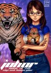  1girl brown_eyes brown_hair casual commentary denim eyebrows glasses highres jeans lips long_hair malaysia mole mole_under_eye original pants ryu_shou shirt solo t-shirt tiger 