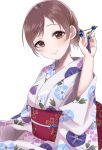  1girl brown_eyes brown_hair hair_ornament idolmaster idolmaster_cinderella_girls idolmaster_cinderella_girls_starlight_stage japanese_clothes kimono long_hair nitta_minami sinsihukunokonaka smile solo yukata 