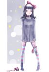  1girl black_eyes black_hair choker highres kowiru long_hair original oversized_clothes shoes_removed solo standing striped striped_legwear thigh-highs 