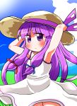  1girl alternate_costume blush bow casual hair_bow hat highres long_hair patchouli_knowledge purple_hair rokugou_daisuke solo straw_hat touhou violet_eyes 