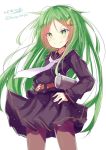  1girl bangs belt black_legwear black_serafuku black_skirt blush closed_mouth cowboy_shot crescent crescent_hair_ornament eyebrows eyebrows_visible_through_hair gradient_hair green_eyes green_hair hair_ornament hands_on_hips highres hizaka kantai_collection long_hair long_sleeves looking_at_viewer multicolored_hair nagatsuki_(kantai_collection) necktie pantyhose pleated_skirt school_uniform serafuku simple_background skirt smile solo standing twitter_username two-tone_hair very_long_hair white_background white_necktie 