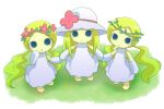  3girls :o blonde_hair curly_hair dress fairy flower from_above fuki_(pop&#039;n_music) green_eyes hand_holding hat hat_flower head_wreath long_hair looking_at_viewer looking_up multiple_girls nollety plant pop&#039;n_music sun_hat twintails vines white_dress 