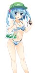  1girl bikini blue_eyes blue_hair blush breasts cucumber hair_bobbles hair_ornament hat highres kawashiro_nitori key long_hair looking_at_viewer maturiuta_sorato open_mouth simple_background small_breasts solo striped striped_bikini swimsuit touhou two_side_up white_background 