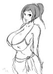  1girl arms_behind_back bikini breasts cleavage dated erect_nipples gundam gundam_build_fighters highres huge_breasts iori_rinko long_hair looking_at_viewer monochrome ponytail simple_background sketch solo swimsuit white_background yuumin 