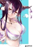  1girl :o bandage bandaged_arm bikini_top blue_background breasts danua doraf granblue_fantasy highres horns iapoc jewelry large_breasts long_hair looking_at_viewer pendant pointy_ears purple_hair red_eyes solo twitter_username 
