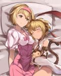  2girls anchira_(granblue_fantasy) bed_sheet blonde_hair blush closed_eyes detached_sleeves djeeta_(granblue_fantasy) erun_(granblue_fantasy) granblue_fantasy hairband lying monkey monkey_tail multiple_girls pillow shimizu_panikku short_hair sleeping smile tail yellow_eyes 