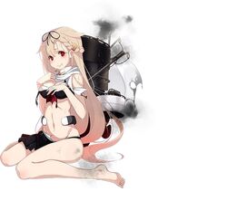  1girl barefoot bikini black_bikini black_ribbon blonde_hair feet hair_ribbon kantai_collection kujou_ichiso long_hair navel official_art red_eyes remodel_(kantai_collection) ribbon sitting solo swimsuit torn_bikini transparent_background wet yuudachi_(kantai_collection) 