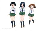  3girls :d absurdres full_body girls_und_panzer highres jumping kneehighs loafers looking_at_viewer maruyama_saki multiple_girls official_art open_mouth sakaguchi_karina school_uniform shoes simple_background smile standing utsugi_yuuki white_background yamagou_ayumi 