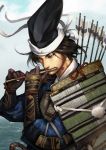  1boy armor arrow black_hat blue_sky brown_eyes brown_gloves brown_hair clouds elbow_gloves flute gloves hat instrument japanese_armor kevin.h looking_down male_focus music nasu_no_yoichi nobunaga_no_yabou outdoors pipe playing_instrument quiver samurai sky solo standing tate_eboshi upper_body 
