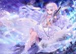  1girl armlet artist_name column crystal dress flower frilled_dress frills hair_flower hair_ornament haruci jewelry long_hair nail_polish necklace original pillar pink_nails see-through sitting solo sword violet_eyes weapon white_dress white_hair wristband 