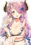  1girl :o bare_arms bare_shoulders bikini blue_eyes blush breasts cleavage doraf double_bun granblue_fantasy hair_over_one_eye hair_ribbon horns ikey ikeya large_breasts long_hair looking_at_viewer low_twintails midriff narumeia_(granblue_fantasy) navel open_mouth purple_hair ribbon solo swimsuit tress_ribbon twintails white_bikini 
