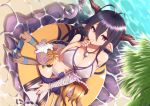  1girl bandaged_arm bare_shoulders bikini black_hair breasts danua demon_horns doraf finger_to_mouth from_above granblue_fantasy hair_between_eyes horn_ornament horns innertube large_breasts long_hair looking_at_viewer midriff mku palm_leaf pointy_ears poolside red_eyes sitting stone_floor stuffed_toy swimsuit water white_bikini white_swimsuit 