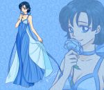  1girl bishoujo_senshi_sailor_moon blue blue_background blue_dress blue_eyes blue_hair blue_rose cape choker dress flower full_body lisginka looking_at_viewer mizuno_ami princess_mercury projected_inset rose short_hair signature smile solo standing zoom_layer 