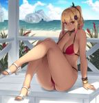  1girl ass bare_legs bare_shoulders bikini blonde_hair bracelet breasts bush cave cleavage closed_mouth clouds coast collarbone flower gradient_hair hair_flower hair_ornament hair_tie highres horizon houtengeki island jewelry large_breasts leg_up long_hair looking_at_viewer magatama multicolored_hair no_legwear original outdoors pendant pink_hair plant pointy_ears ponytail purple_flower red_bikini red_eyes sandals shore sitting smile solo swimsuit thighs wooden_floor 