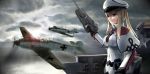  1girl aircraft aircraft_carrier bf_109 black_gloves blonde_hair breasts capelet clouds cloudy_sky driftkingtw fairy_(kantai_collection) flight_deck gloves graf_zeppelin_(kantai_collection) grey_eyes gun hat highres iron_cross kantai_collection large_breasts military military_uniform military_vehicle multiple_aircraft ocean outdoors peaked_cap ship sidelocks sky twintails uniform upper_body warship water watercraft weapon 