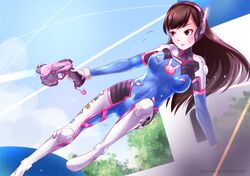  1girl aiming bangs bird blue_sky blush bodysuit breasts brown_eyes brown_hair building bush charm_(object) clothes_writing d.va_(overwatch) dutch_angle emblem facial_mark finger_on_trigger gloves gun handgun headphones light_smile long_hair looking_away medium_breasts one_leg_raised overwatch pillaws pilot_suit pistol pose sky solo swept_bangs watermark weapon web_address whisker_markings white_gloves 