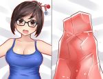  1girl bangs breasts brown_eyes brown_hair cleavage commentary_request gameplay_mechanics glasses hair_bun hair_ornament hair_stick hairpin ice large_breasts mei_(overwatch) neit_ni_sei on_bed open_mouth outstretched_arms overwatch rock sidelocks spread_arms sweatdrop tank_top upper_body 