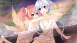  2girls :d :o alyn_(fairy_fencer_f) bare_shoulders blue_hair blush breasts cleavage fairy_fencer_f hair_up highres multiple_girls naked_towel official_art onsen open_mouth partially_submerged pink_eyes pink_hair scan short_hair short_hair_with_long_locks sidelocks sitting smile steam tiara_(fairy_fencer_f) towel tsunako twintails violet_eyes water wet wings 