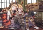  2girls akieda asymmetrical_legwear bangs black_legwear blonde_hair blunt_bangs book book_stack boots bow bowtie cagliostro_(granblue_fantasy) checkered checkered_floor closed_eyes crown desk frilled_legwear frilled_skirt frills gloves granblue_fantasy hair_between_eyes head_tilt head_wings hood indoors knees_together_feet_apart knees_up leaning_on_person legs_together light_smile long_hair multiple_girls no_shoes on_floor open_book pantyhose parted_lips petticoat pillow print_legwear puffy_short_sleeves puffy_sleeves short_sleeves side-by-side sitting skirt thigh-highs vampy window 