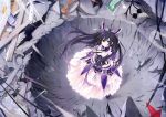  1girl black_hair breasts cleavage crater date_a_live dress eyebrows eyebrows_visible_through_hair from_above highres long_hair looking_at_viewer looking_up official_art solo tsunako violet_eyes yatogami_tooka 