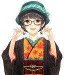  1girl :d autumn_leaves black-framed_eyewear black_hair blue_bow blush bow brown_eyes commentary_request diagonal_stripes fingernails glasses green_hat hands_up hat hat_bow japanese_clothes kimono leaf long_sleeves looking_at_viewer miyabi_akino nail_polish obi open_mouth orange_kimono original pink_nails print_kimono sash simple_background smile solo striped striped_bow upper_body white_background wide_sleeves 