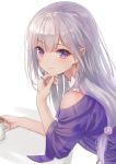  1girl aimee_(origin) bare_shoulders coffee_cup counter_(734671289) dress elf emilia_(re:zero) flower hair_flower hair_ornament highres lavender_eyes light_smile long_hair looking_at_viewer md5_mismatch off-shoulder_dress off_shoulder pointy_ears portrait purple_dress re:zero_kara_hajimeru_isekai_seikatsu silver_hair sleeves_rolled_up solo wide_sleeves 