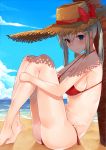  1girl alternate_costume ass bare_arms bare_legs beach bikini blonde_hair blue_eyes blush breast_press breasts clouds from_side graf_zeppelin_(kantai_collection) hair_between_eyes hat highres kantai_collection large_breasts leg_hug legs long_hair looking_at_viewer mhong midriff red_bikini shiny shiny_skin side-tie_bikini sideboob sky solo straw_hat swimsuit thighs tree under_boob under_tree 