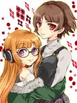  2girls bare_shoulders behind-the-head_headphones brown_hair frown glasses headphones highres hug jacket long_hair looking_at_viewer multiple_girls myam niijima_makoto niishima_makoto orange_hair persona persona_5 red_eyes sakura_futaba school_uniform short_hair skirt smile sweatdrop violet_eyes 