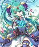  1girl aqua_eyes armor artemis_(p&amp;d) flower gem gloves green_hair hair_ornament horns kozakura_(dictionary) long_hair looking_at_viewer open_mouth ponytail puzzle_&amp;_dragons solo thigh-highs water_drop 